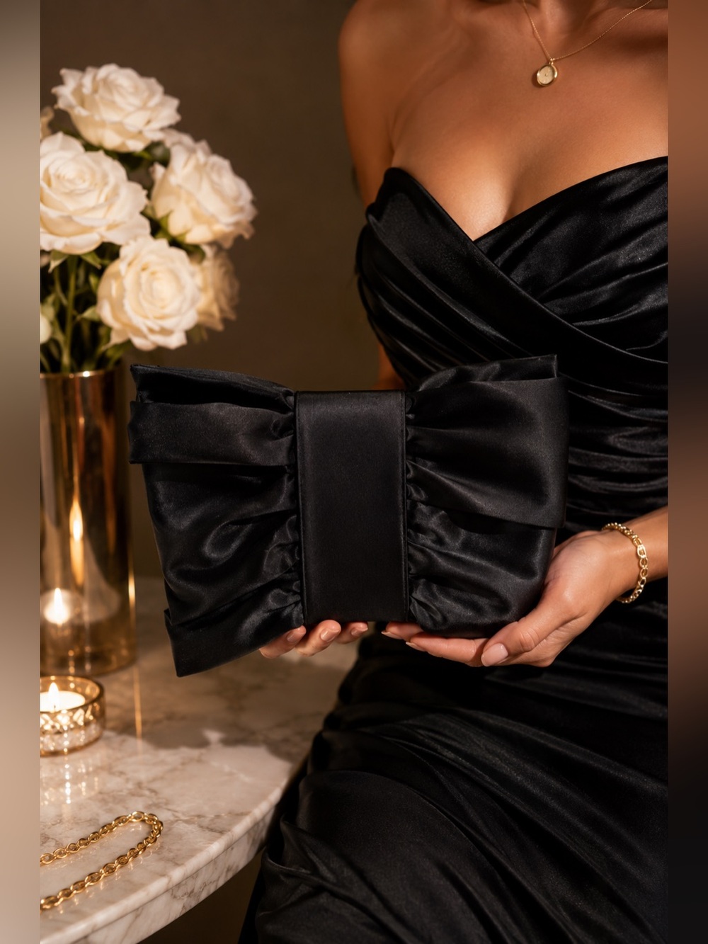 Black Satin Oversized Bow Clutch Purse Elegant Evening Cocktail Statement Bag